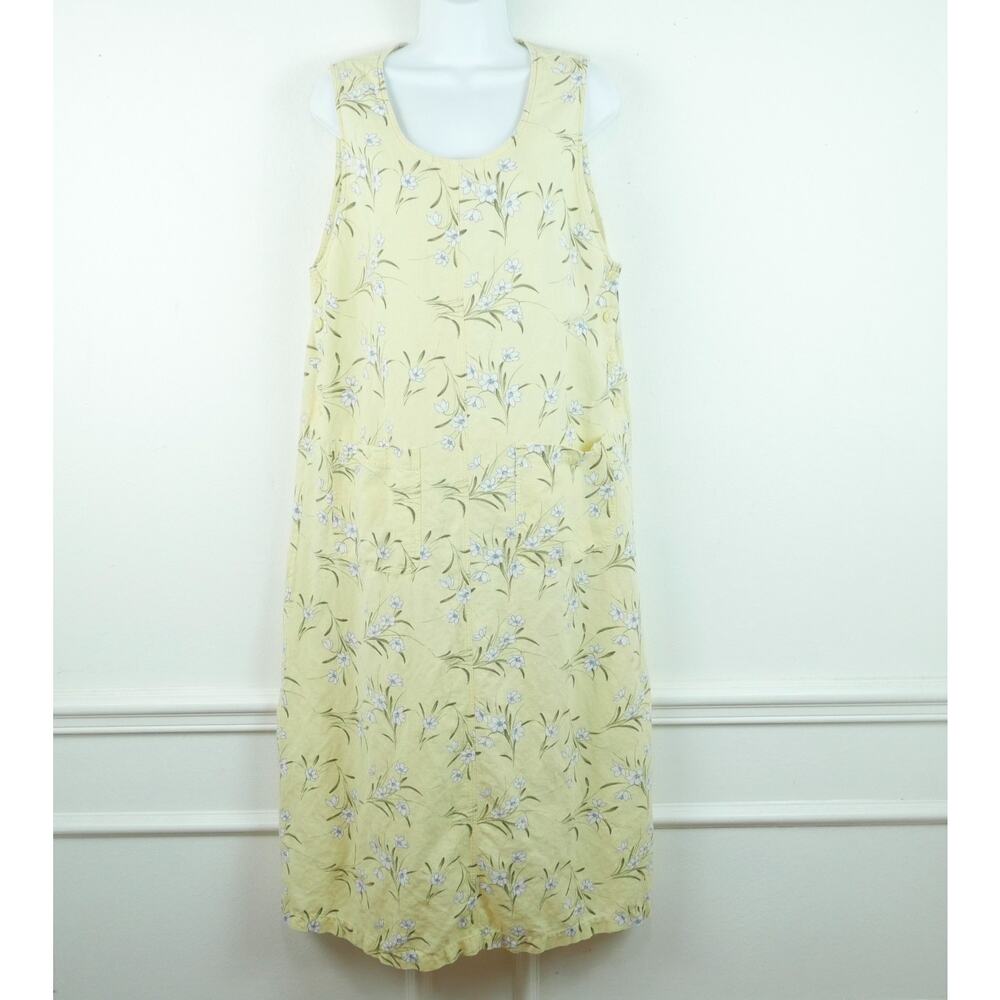 Vintage 90s Linen Blend Dress Large Butter Yellow Dainty Floral Maxi Cottagecore - Picture 1 of 7